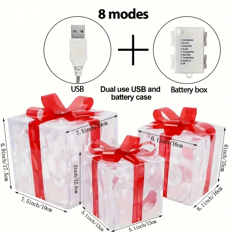 Transparent gift boxes with red ribbons and USB and battery case components, showing dimensions and features.
