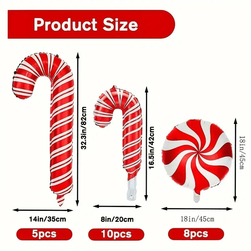 Product size chart with red and white striped candy cane, peppermint, and lollipop shapes with measurements.