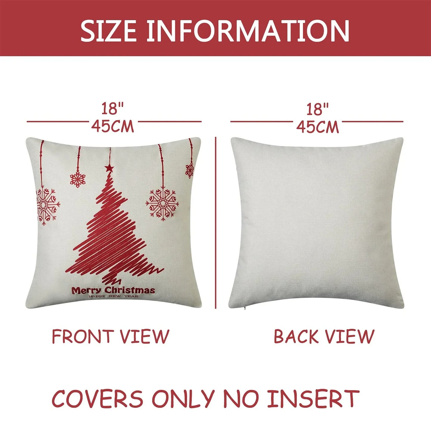 Size information chart for Christmas-themed pillow cover with red tree design and white background.