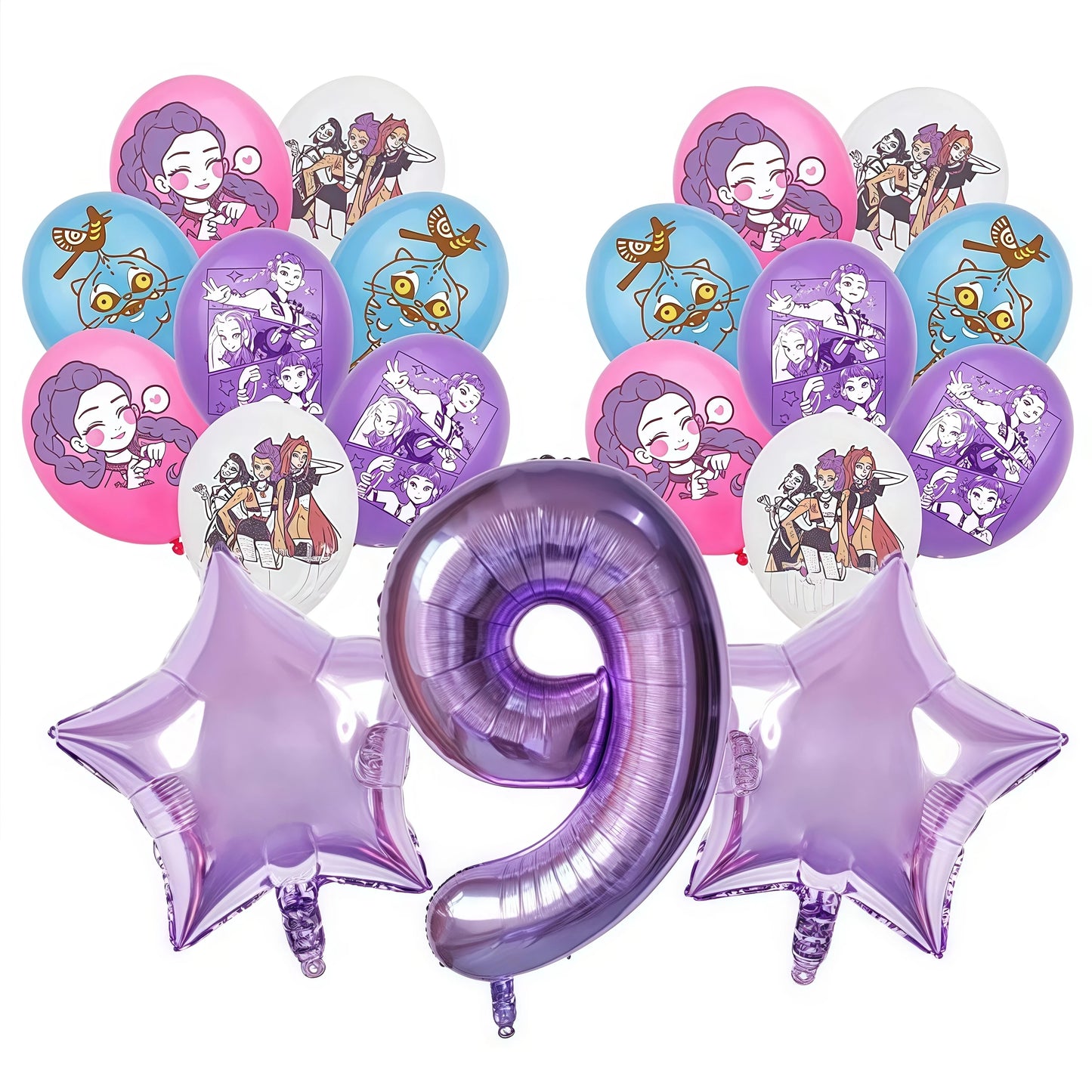 Balloon set with kpop demon hunters character balloons and a large number 9 balloon on a white background