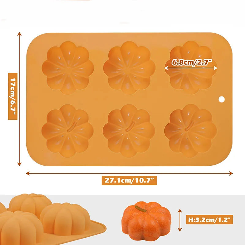 Silicone mold with pumpkin shapes and measurements on a white background