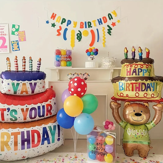 Birthday-themed decorations including balloons, cake, and balloons with 'Happy Birthday' text.