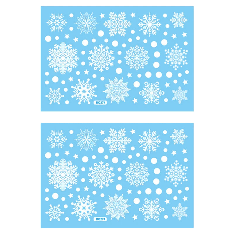 Two sheets of white snowflake stickers on a blue background