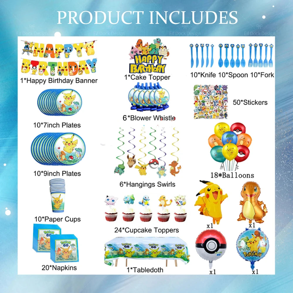 Birthday party product set with various Pokémon-themed items on a blue background
