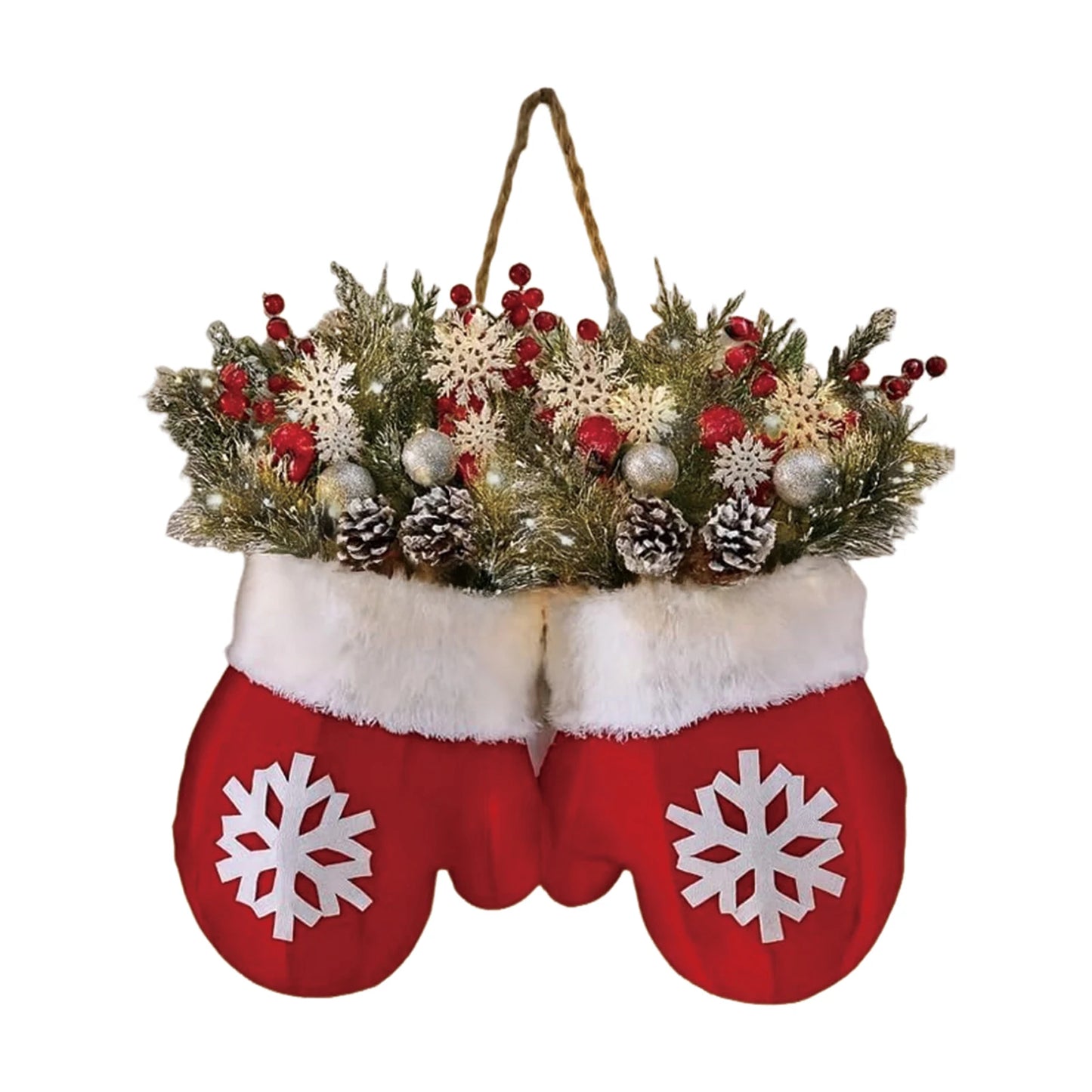 Decorative Christmas stocking with red mittens and snowflake design, filled with greenery and ornaments on a white background.