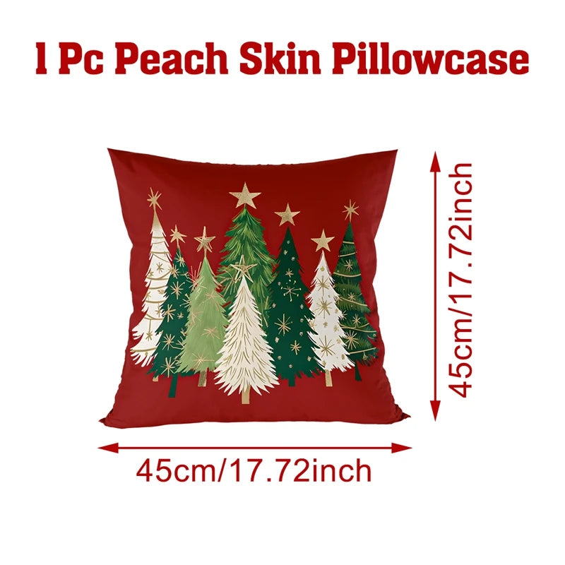 Peach Skin Pillowcase with Christmas tree design and measurements on a white background
