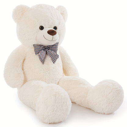 White teddy bear with a checkered bow tie on a white background