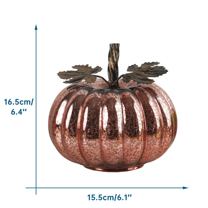 Copper-colored pumpkin decoration with dimensions on a white background
