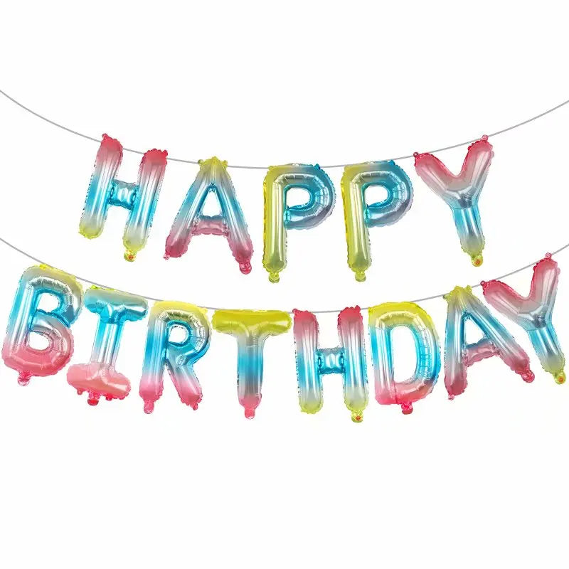 Colorful 'Happy Birthday' balloon banner on a white background