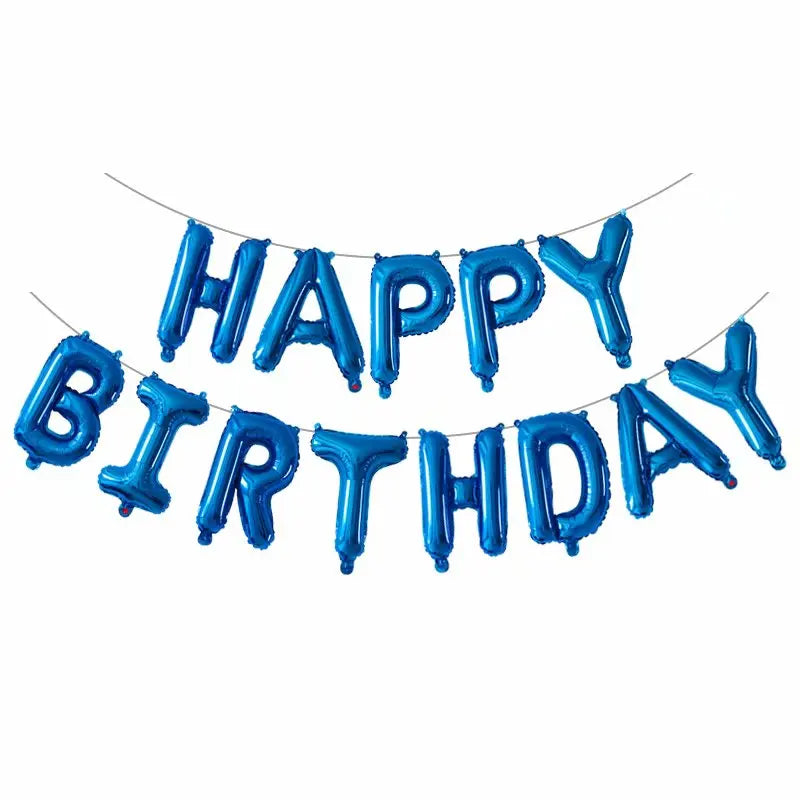 Blue 'Happy Birthday' balloon banner on a white background