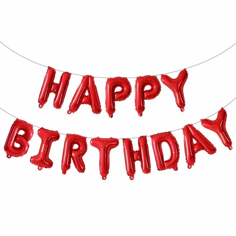 Red 'Happy Birthday' balloon banner on a white background