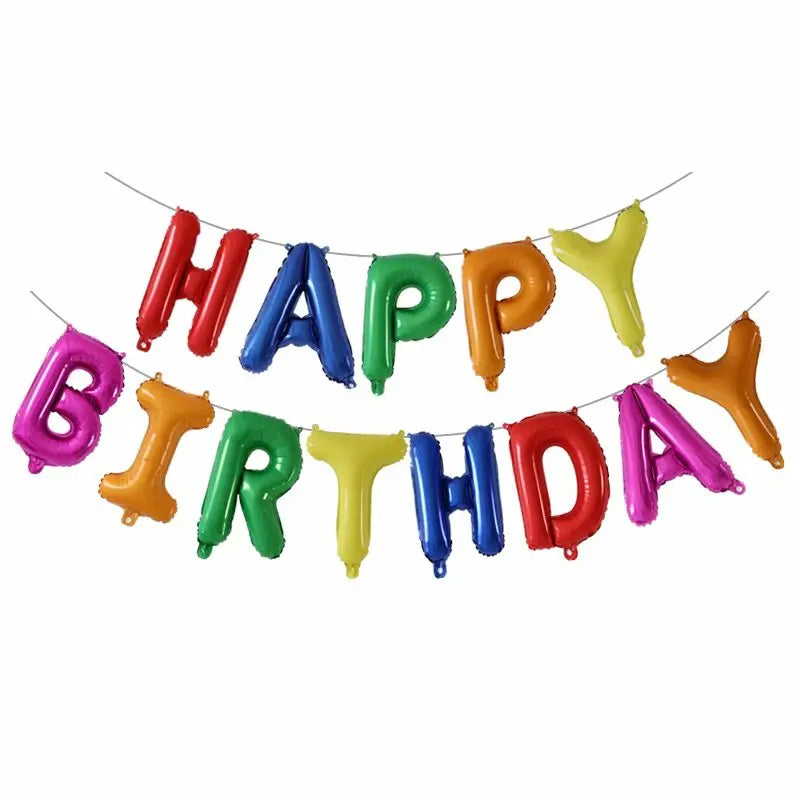 Colorful 'Happy Birthday' balloon banner on a white background