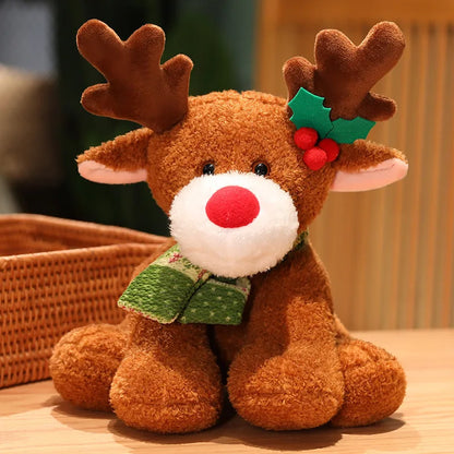 Plush reindeer toy with a holly leaf and berries on a wooden surface.
