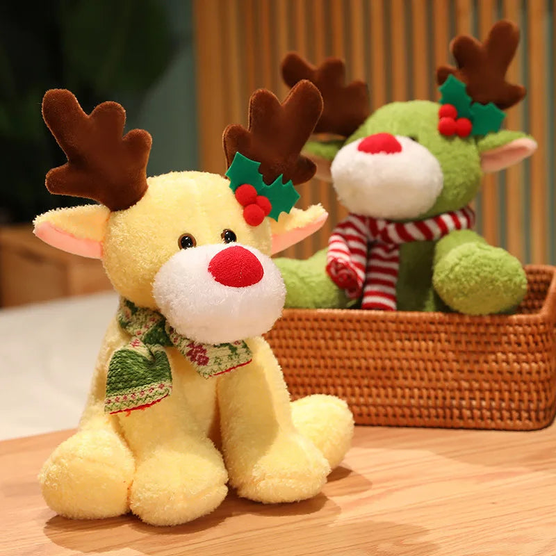Two plush reindeer toys, one sitting on a wooden surface and the other in a basket.