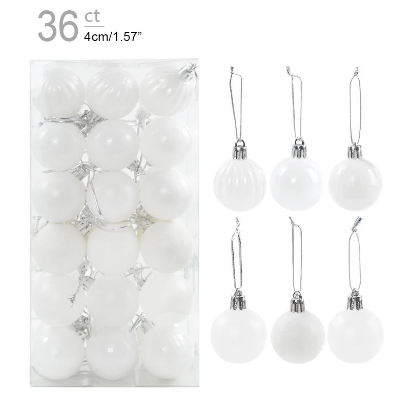 Set of white Christmas ornaments with packaging displaying '36 ct' and dimensions.