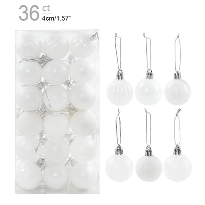 Set of white Christmas ornaments with packaging displaying '36 ct' and dimensions.