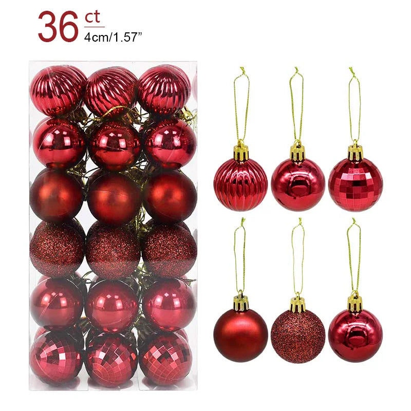 Red Christmas ball ornaments with gold hooks, displayed both in packaging and individually.
