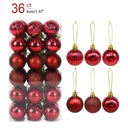 Red Christmas ball ornaments with gold hooks, displayed both in packaging and individually.