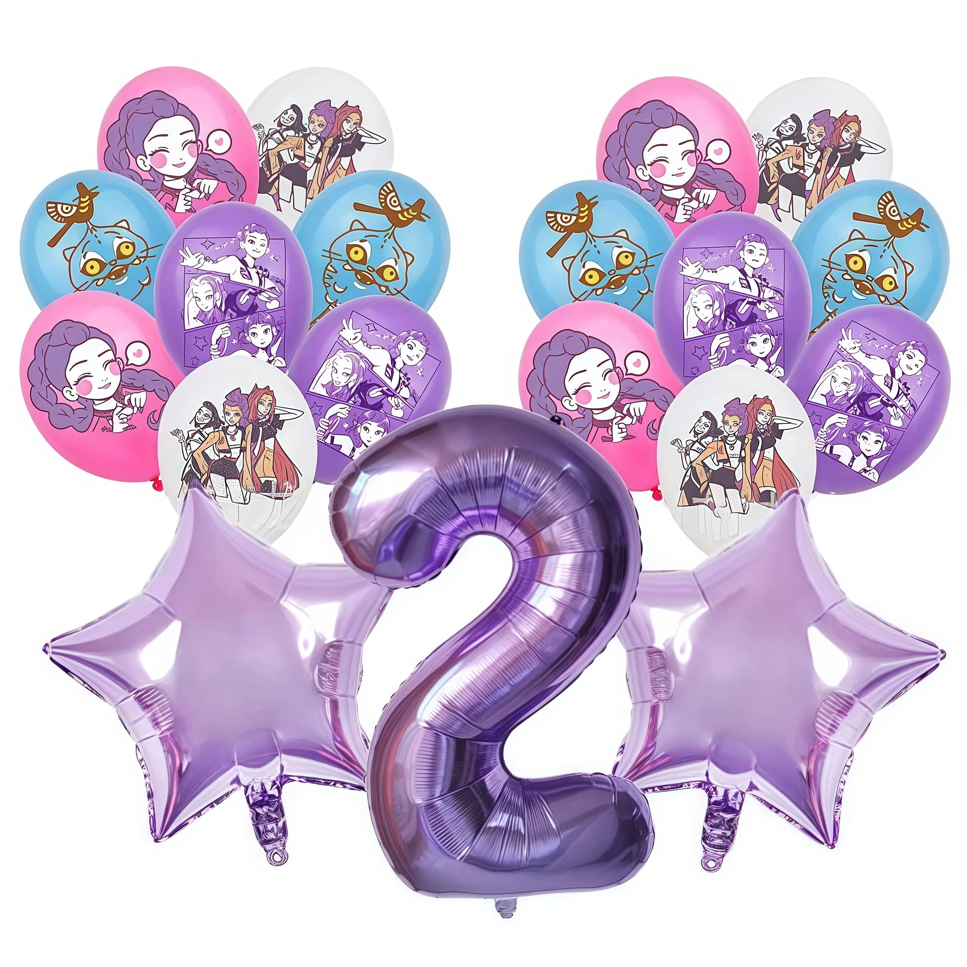 Set of balloons with kpop demon hunters characters and a large purple number '2' on a white background