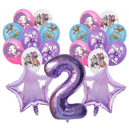 Set of balloons with kpop demon hunters characters and a large purple number '2' on a white background