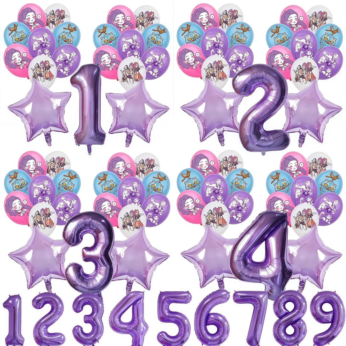 Purple number balloons and star-shaped balloons with k-pop demon hunters characters on a white background