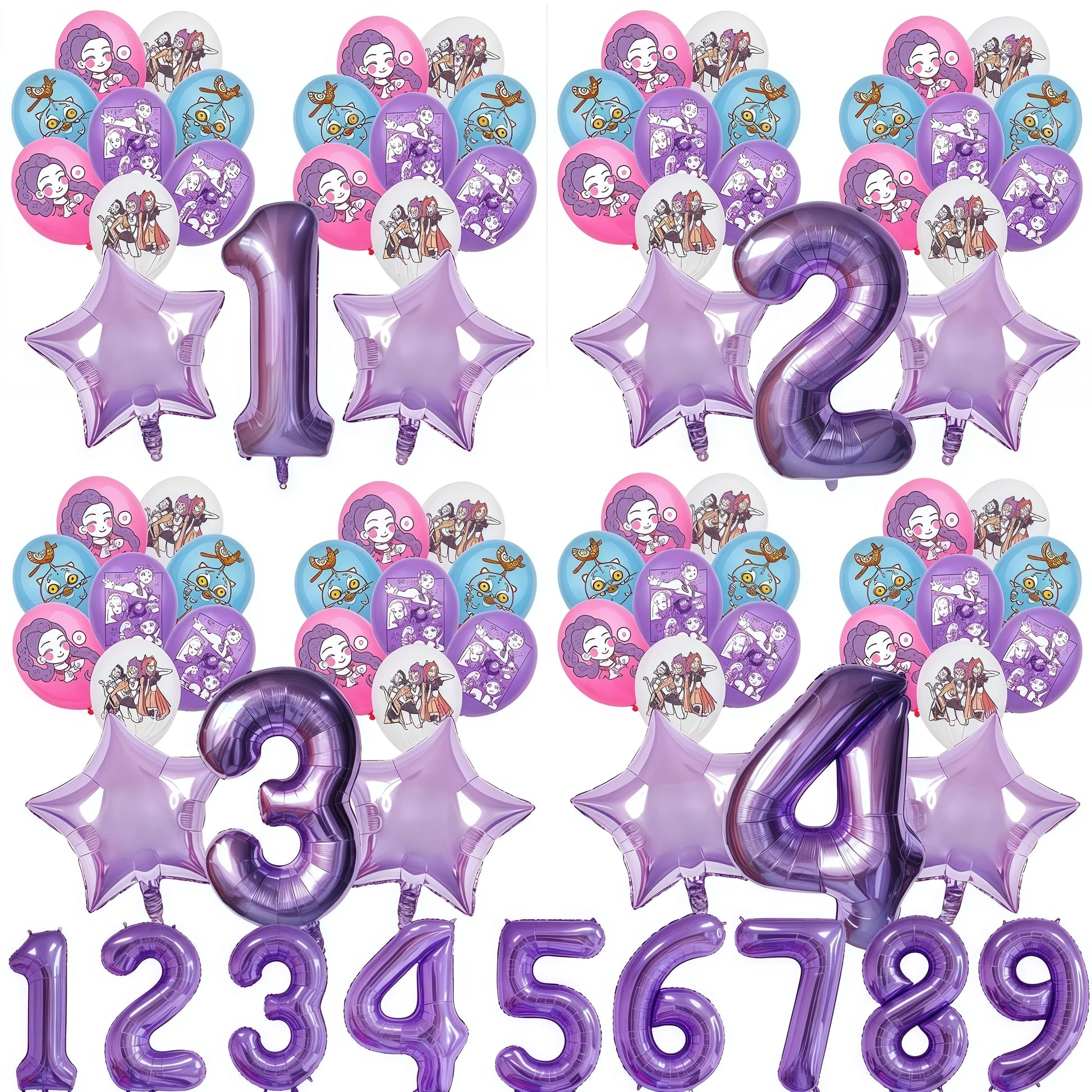 Purple number balloons and star-shaped balloons with k-pop demon hunters characters on a white background