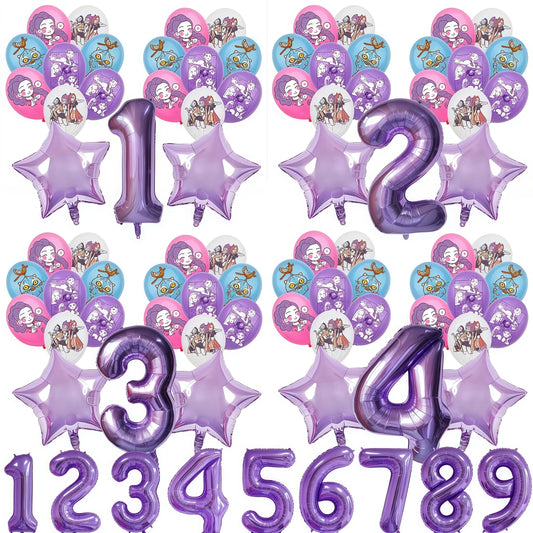 Purple number balloons and star-shaped balloons with k-pop demon hunters characters on a white background