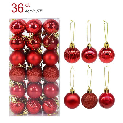 Red Christmas ornaments with gold hooks, displayed in packaging and on a white background.