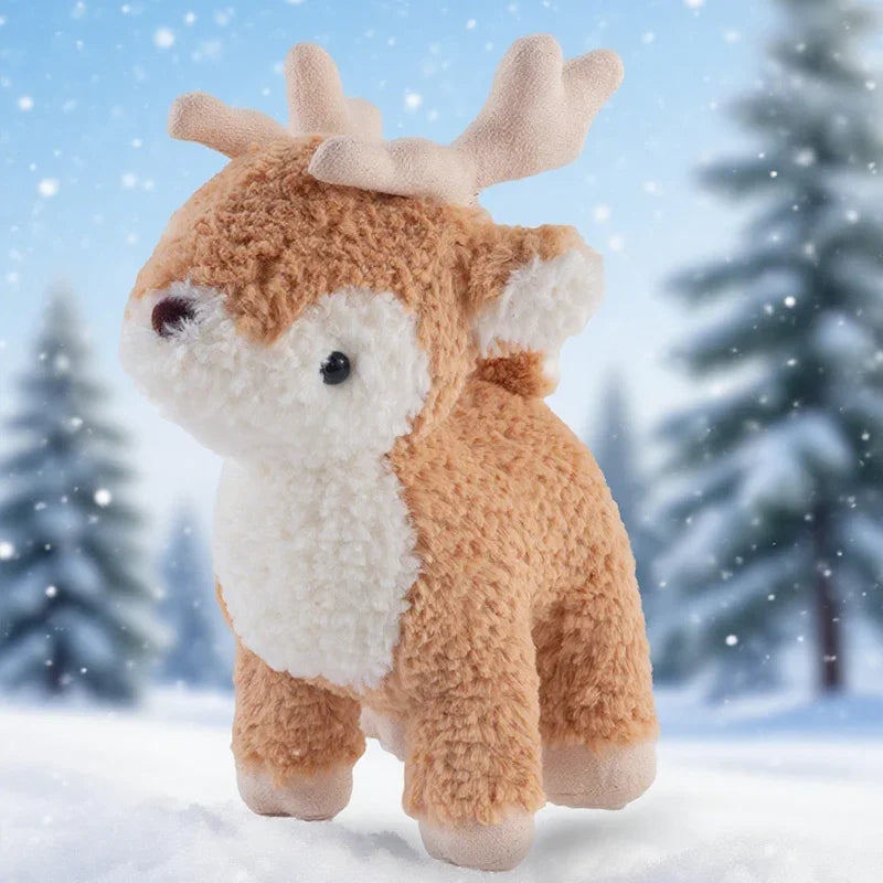 Plush deer toy in a snowy forest setting