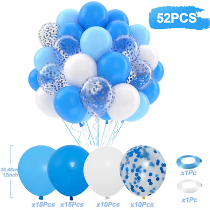 Set of blue, white, and clear balloons with confetti on a white background