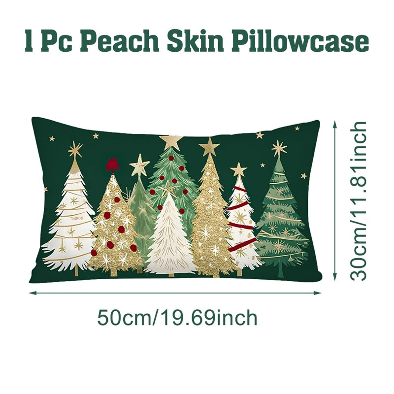 Pillowcase with Christmas tree design on a green background, showing dimensions.