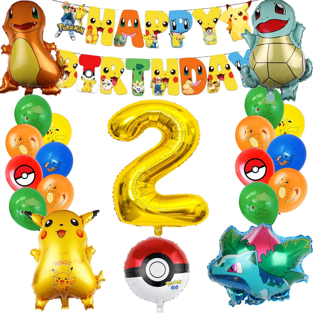 Collection of colorful Pokémon balloons including a 'Happy Birthday' banner with cartoon characters, number '2' balloon, and various themed balloons.