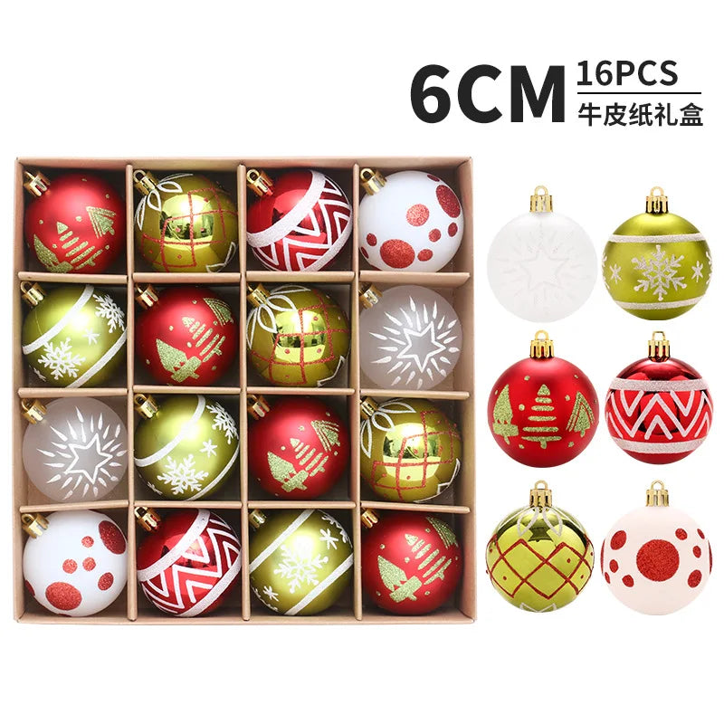 Set of 16 Christmas ornaments in a wooden box with decorative designs.