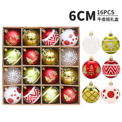Set of 16 Christmas ornaments in a wooden box with decorative designs.