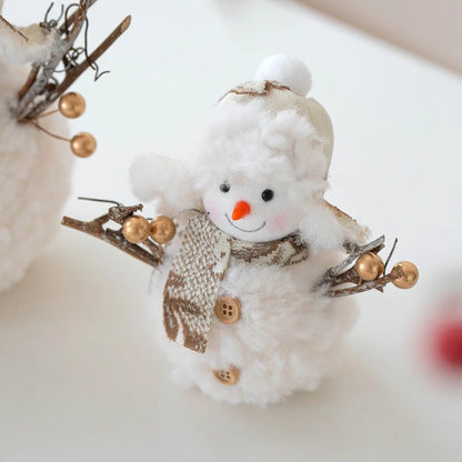 Decorative snowman ornament with a brown scarf and red nose on a white background