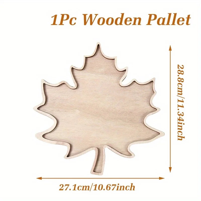 Wooden leaf-shaped pallet with measurements on a white background