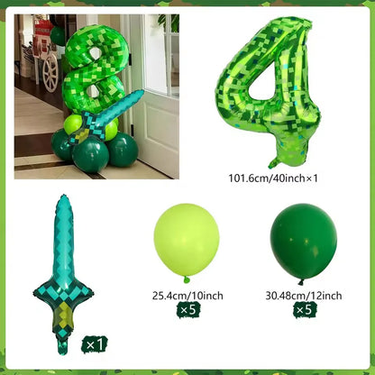 Minecraft creeper balloon in an 8 and 4 and diamond sword balloon and green balloons with white background.