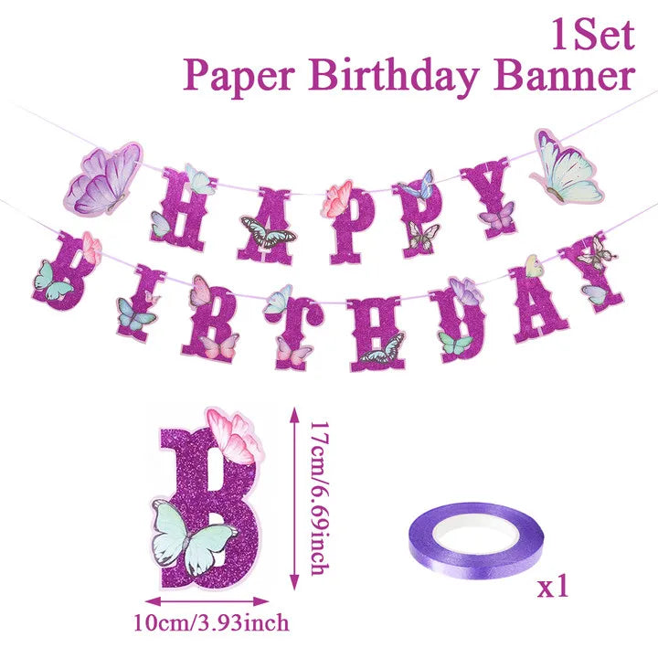 Happy Birthday paper banner with butterfly decorations and ribbon on a white background