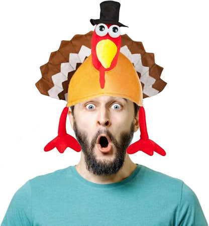 Person wearing a turkey hat with a surprised expression on a white background