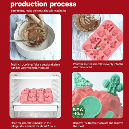 Step-by-step guide to making chocolate using a mold on a red background