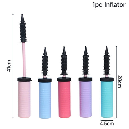 Set of five inflatable balloons with black nozzles and colorful bodies, with measurements on a white background.