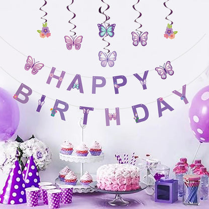 Birthday party setup with 'Happy Birthday' banner, balloons, and cake.