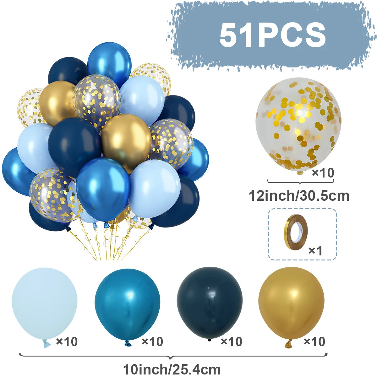 Set of 51 balloons in blue, gold, and white with confetti, including sizes and quantities.