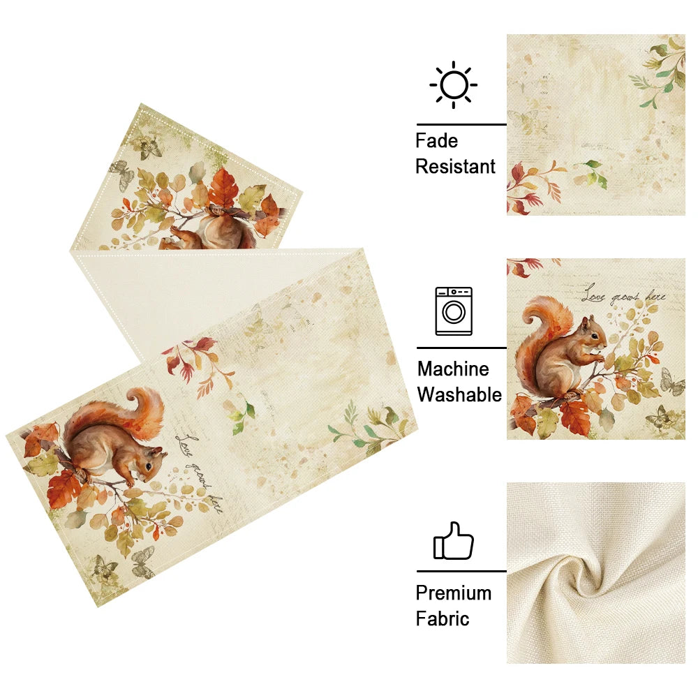 Fabric with squirrel and leaf pattern, featuring fade resistance, machine washability, and premium fabric text.