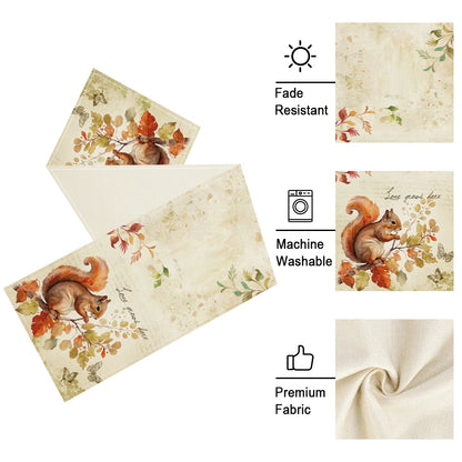 Fabric with squirrel and leaf pattern, featuring fade resistance, machine washability, and premium fabric text.