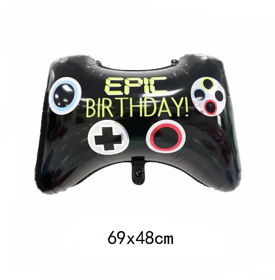 Black balloon shaped like a gaming controller with 'Epic Birthday!' text on a white background
