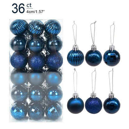 Packaging of blue Christmas ornaments with hanging examples on a white background