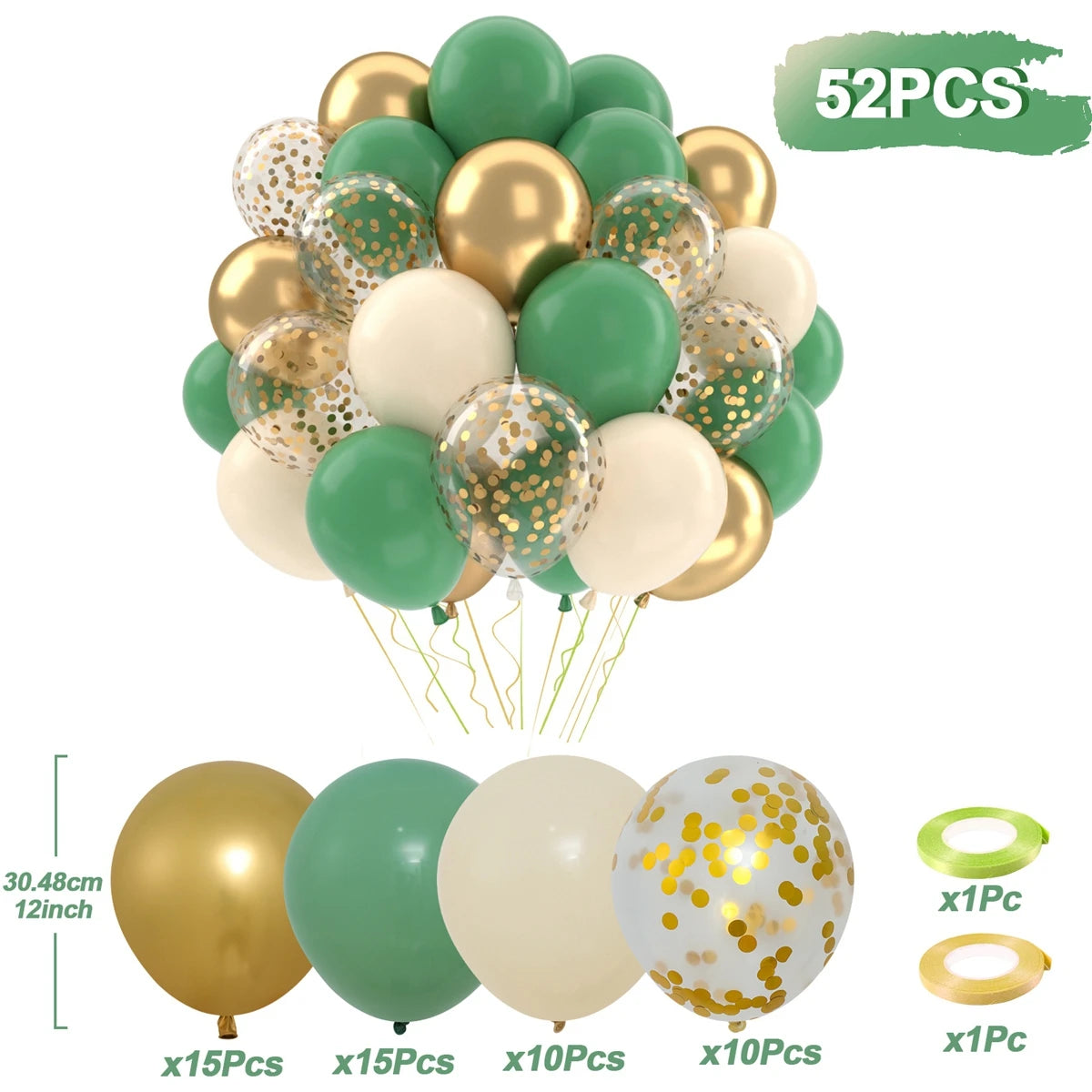 Set of 52 green, gold, and white balloons with confetti on a white background
