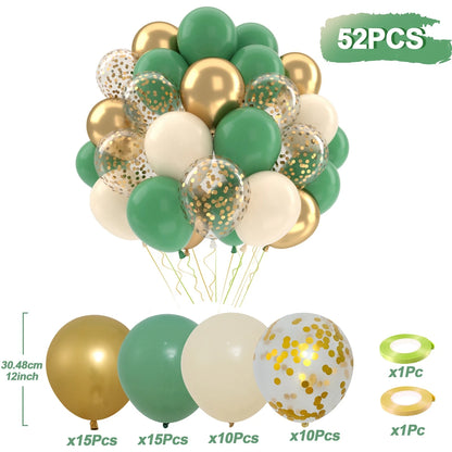Set of 52 green, gold, and white balloons with confetti on a white background