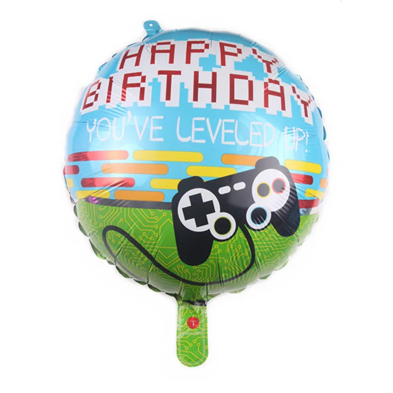 Helium balloon with 'Happy Birthday You've Leveled Up' text and gaming controller design on a white background